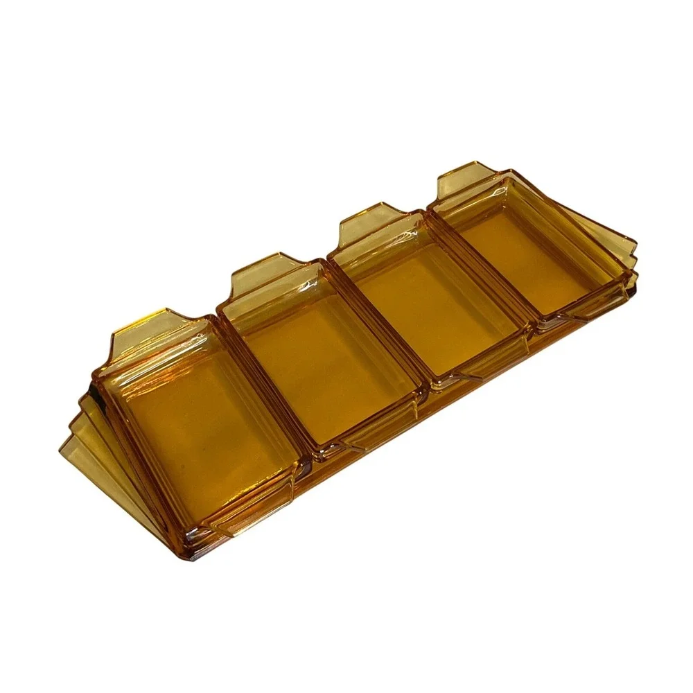 Antique Vintage Czech Art Deco Amber Glass 5-Piece Vanity Set Serving Tray MCM